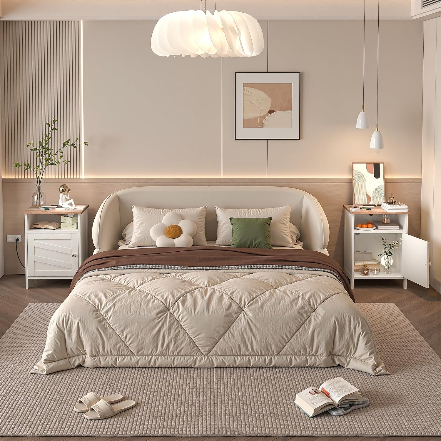 Nightstands Set of 2 with Charging Station, Farmhouse Night Stand with Open Shelf, Bedside Tables with Enclosed Cabinet, Wooden End Table with USB Ports & Outlets for Bedroom