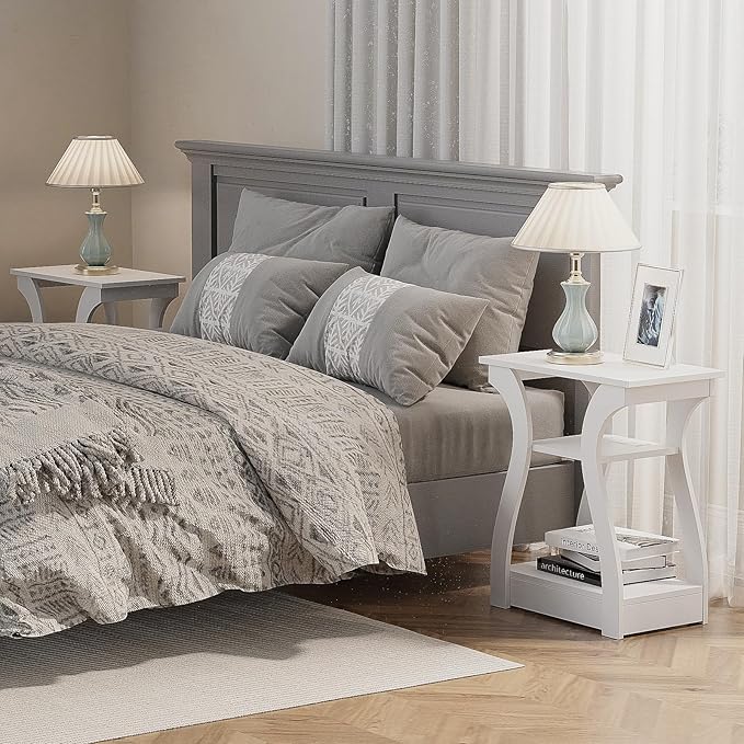 End Tables Living Room, White End Table with Charging Station,White Side Tabl...