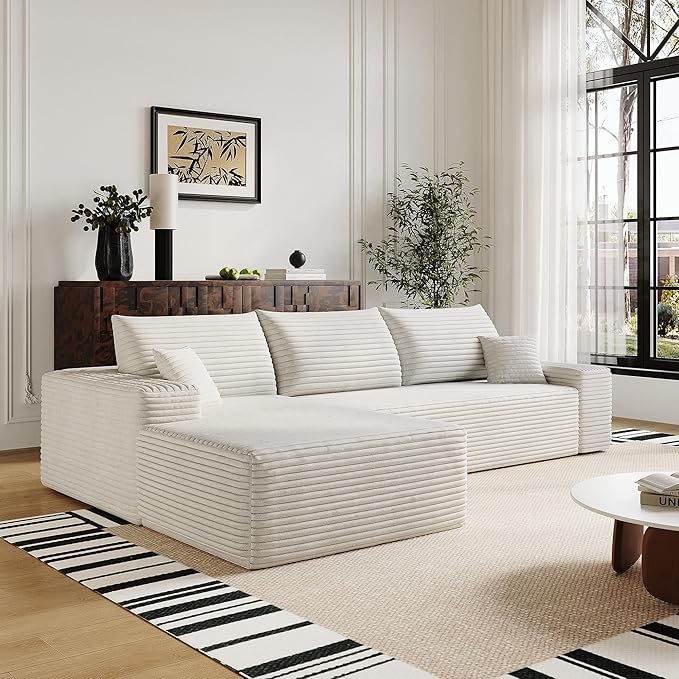 Eafurn Oversized L-Shaped Modular Sectional Sofa with Chaise, Fluffy Corduroy Upholstered Boneless Couch with Deep Seat, Minimalist Flexible Combination for Living Room | Breathable material, Full Foam, Anti-slip