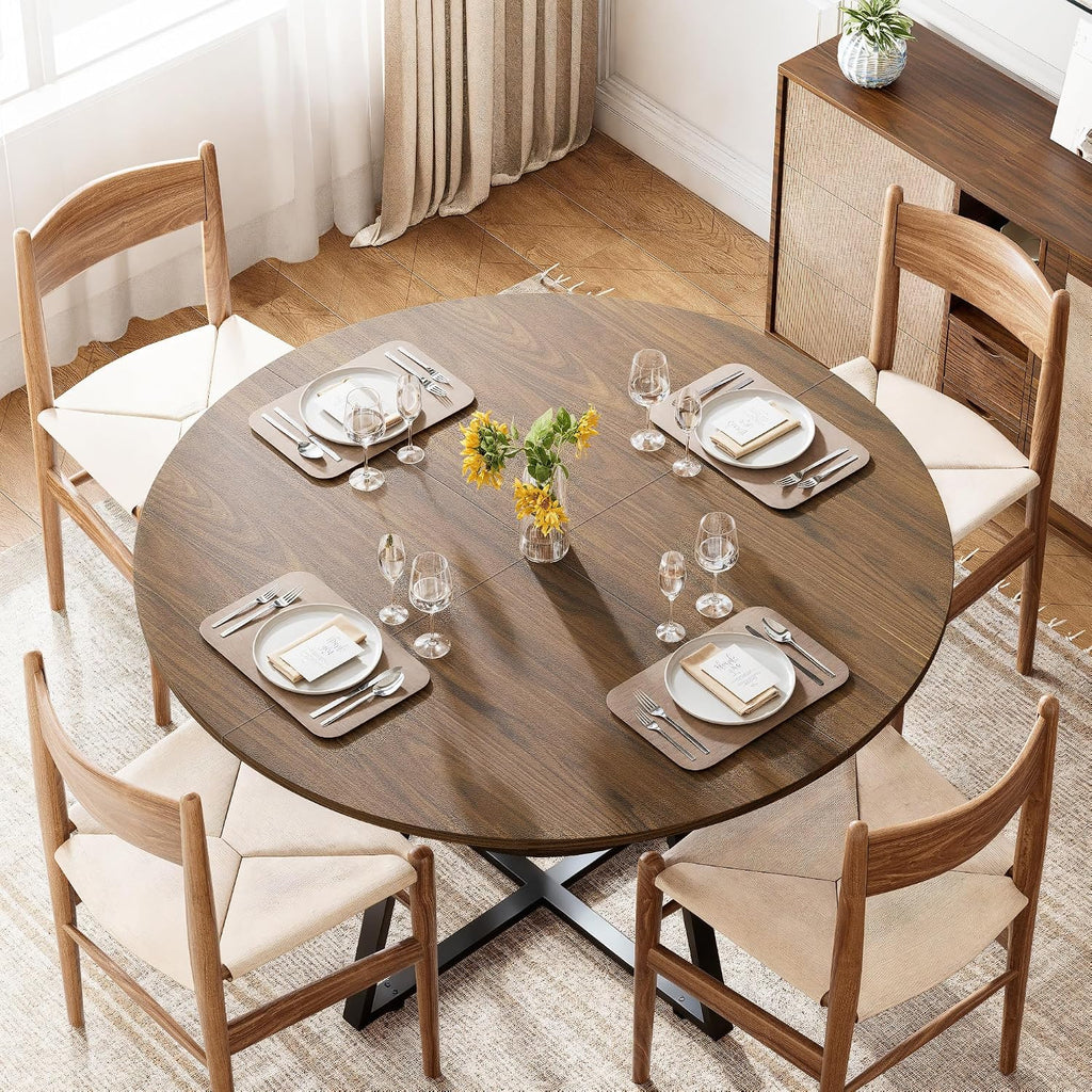 GOODONE 47.2 Inch Round Dining Table, Farmhouse Round Kitchen Table for 4, Circle Dinner Table with Wooden Top and Metal Base for Dining Room, Living Room, Kitchen (Brown)