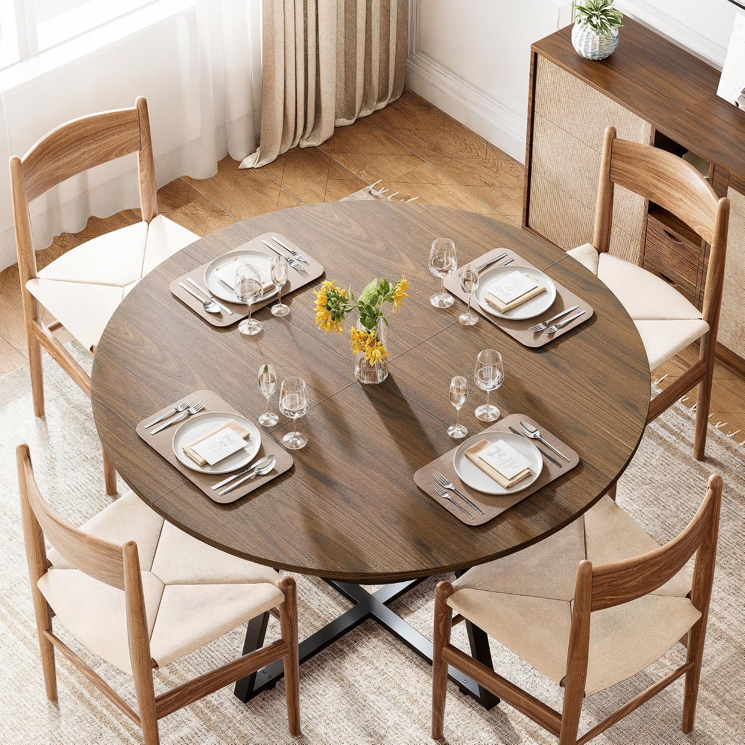 GOODONE 47.2 Inch Round Dining Table, Farmhouse Round Kitchen Table for 4, Circle Dinner Table with Wooden Top and Metal Base for Dining Room, Living Room, Kitchen (Brown)