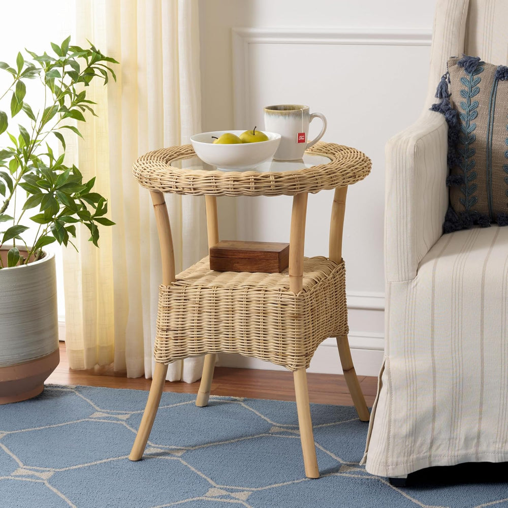 SAFAVIEH Home Collection - Damary Natural Rattan Accent Table, Round Glass To...