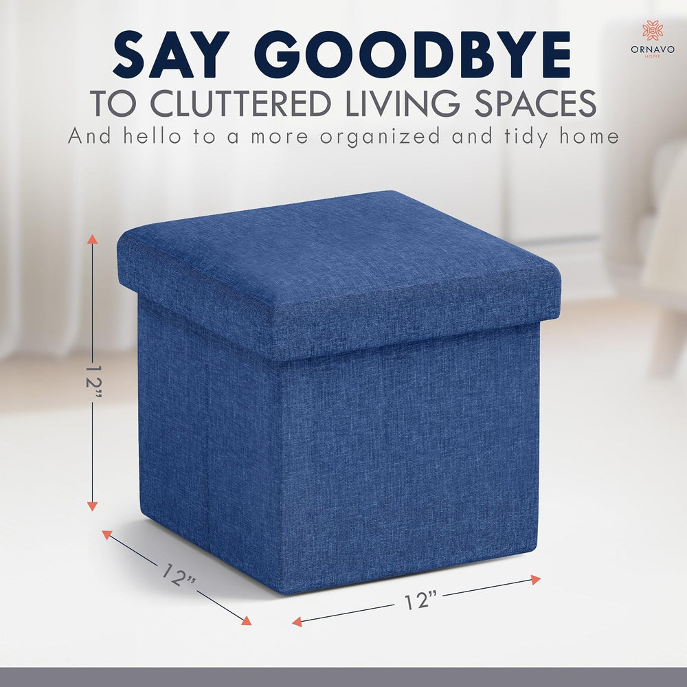 Ornavo Home Small Square Storage Ottoman, Set of 2, 12x12x12, Navy Blue