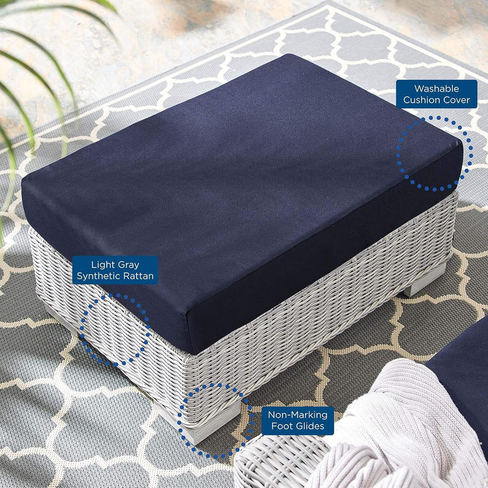 Conway Sunbrella® Outdoor Patio Wicker Rattan Ottoman in Light Gray Navy