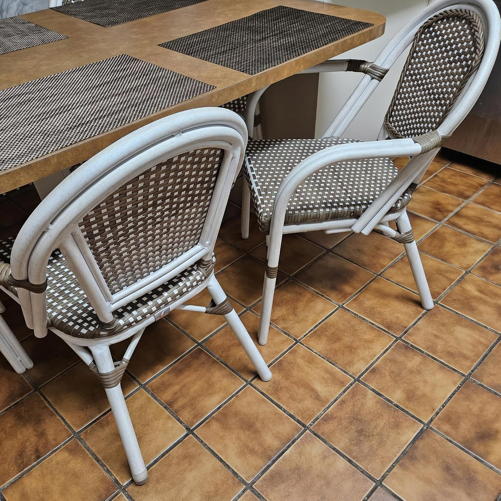 PURPLE LEAF Rattan French Bistro Armchairs Set of 2, White Finish, Brown | Paris Cafe Inspired Design, Supportive Seat for Comfort, Easy Move Aluminum Build, Easy Cleaning Less Hassle, Stackable