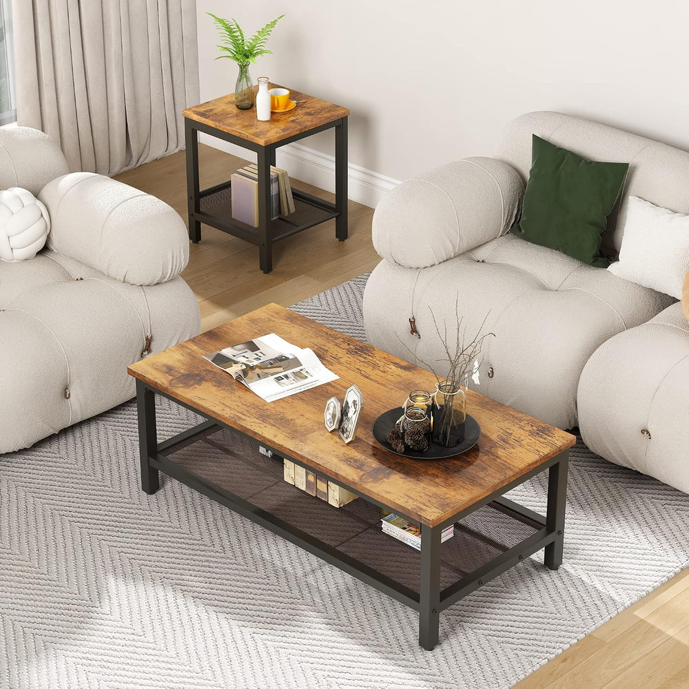 Lamerge 3 Pieces Living Room Table Set, Industrial Coffee Table with 2 Square...