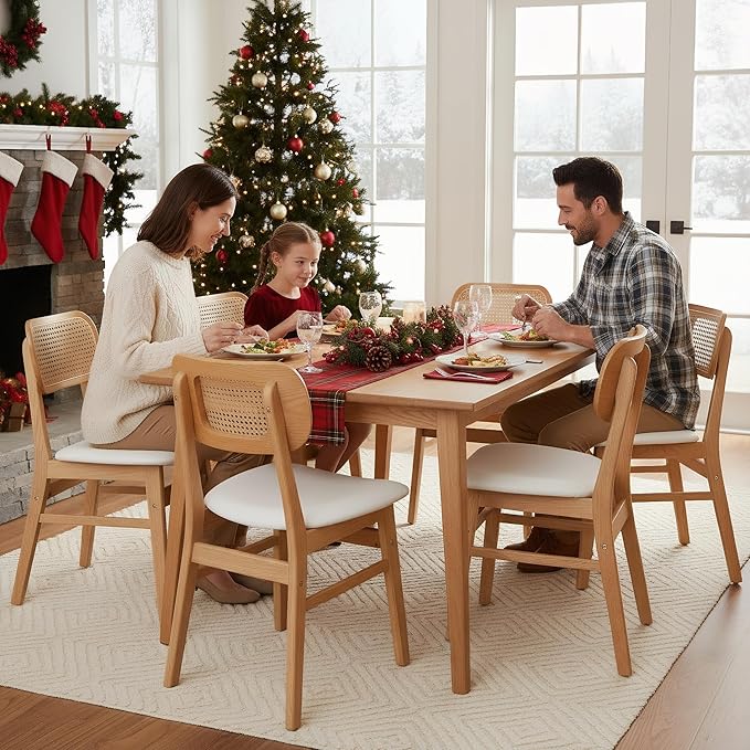 Rattan Dining Chairs Set of 6 Beige Linen Fabric Dining Room Chairs Natural Wooden Kitchen Chairs Farmhouse Boho