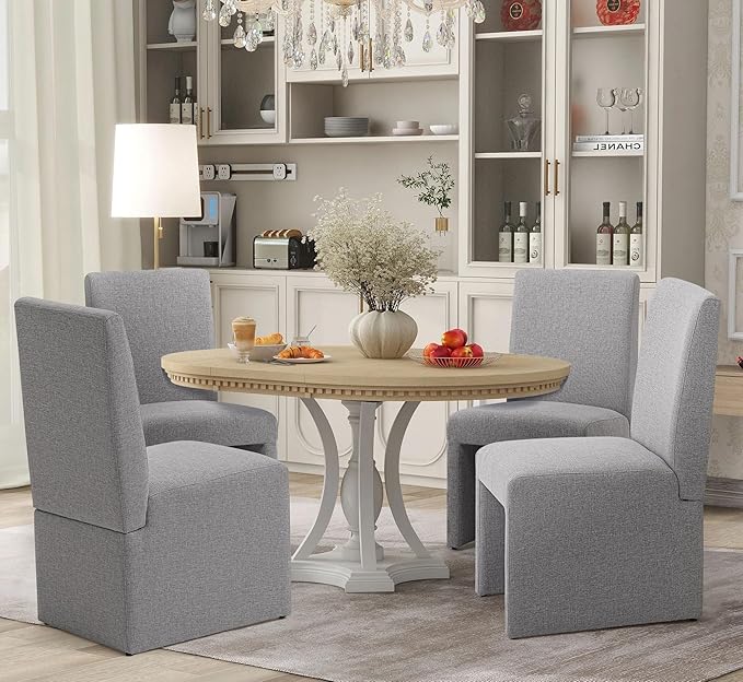 Upholstered Dining Chairs Set of 4 Modern Kitchen & Dining Room Chairs Linen Fabric Dining Chairs with Wooden Frame, Grey