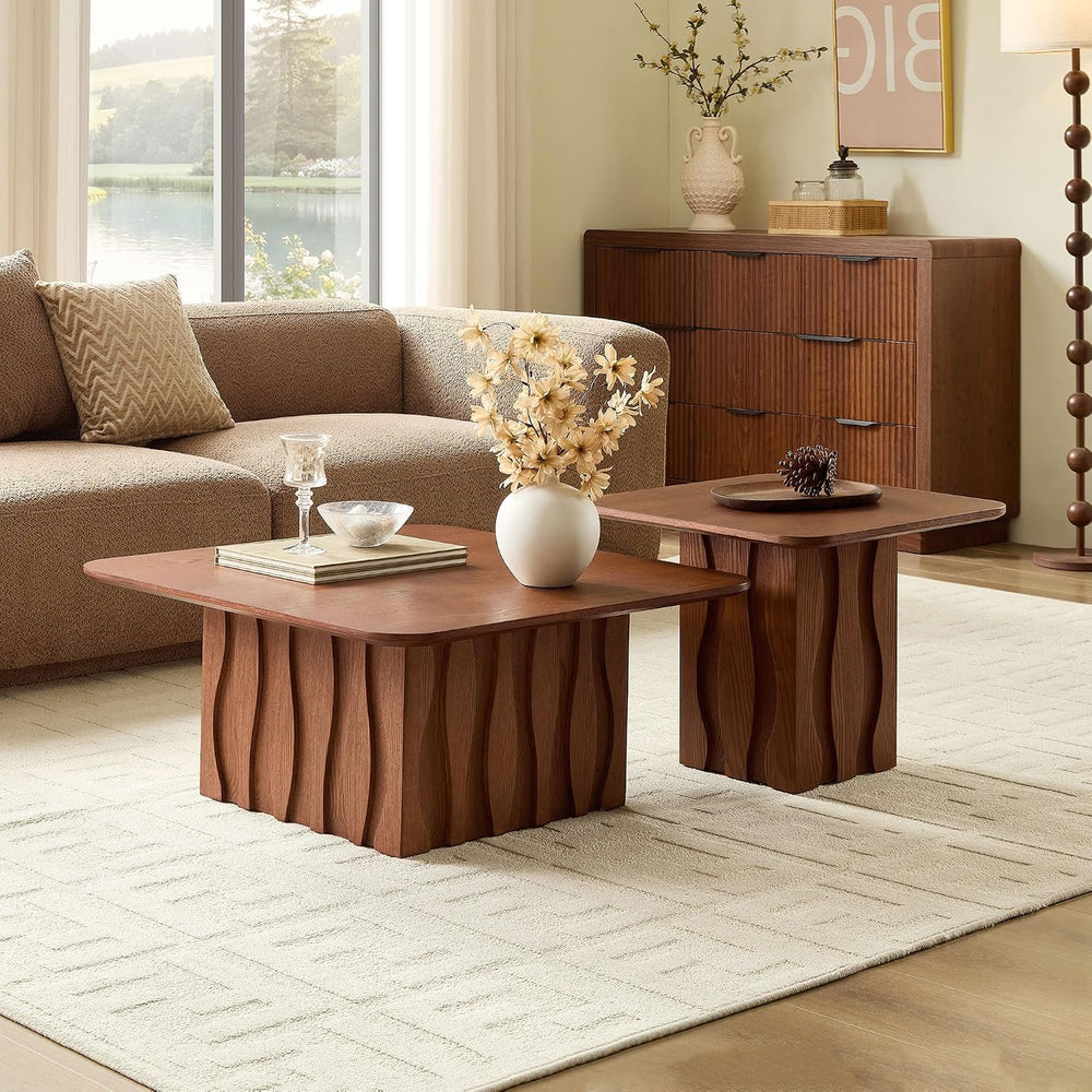 2-Piece Fluted Nesting Coffee Table with Hand-Carved Wavy Base, Mid-Century M...