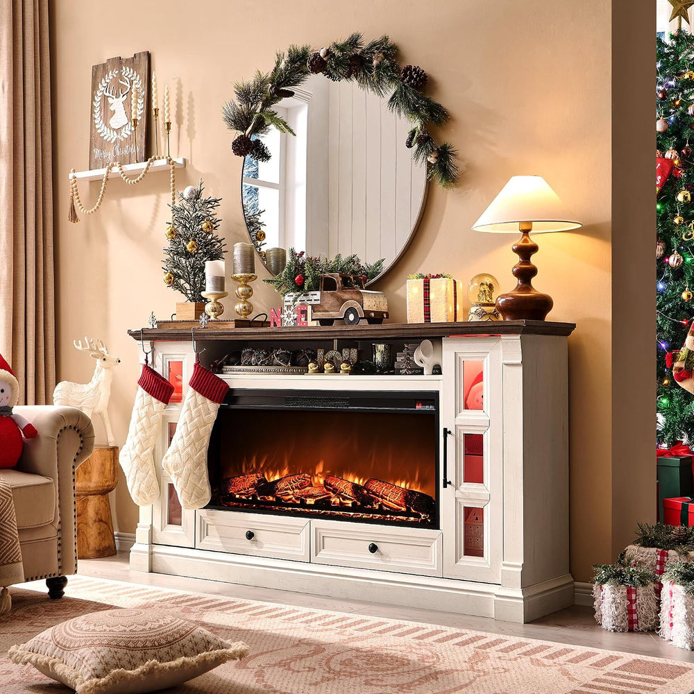 OKD 70" Farmhouse TV Stand with 42" Electric Fireplace, Antique Whi...