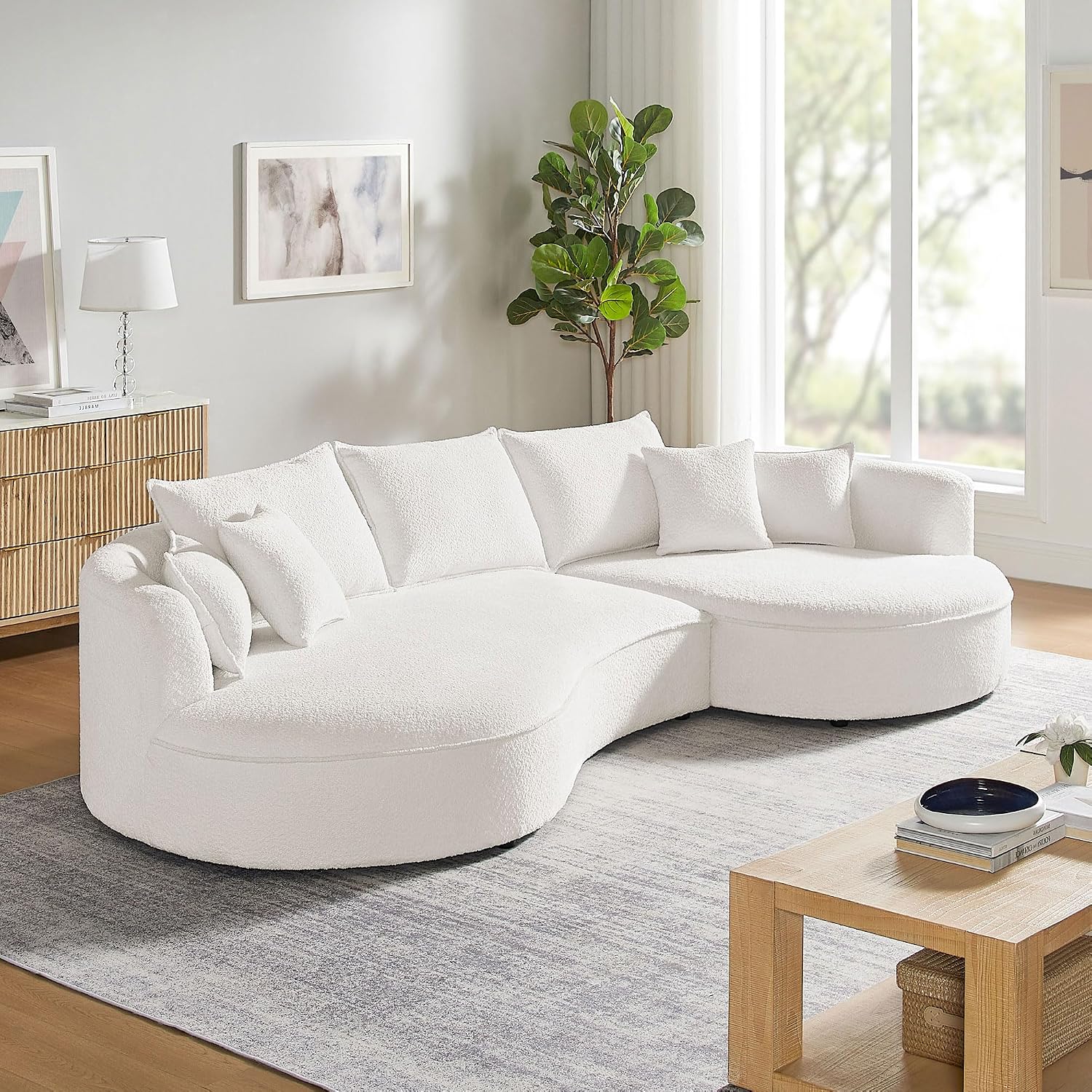 KEVINSPACE 128.15" Sofa Couch Modern Curved Cloud Round Sectional Couches Comfy with Pillows Luxury Chaise L Shape Upholstery for Living Room Apartment White Right Hand Facing