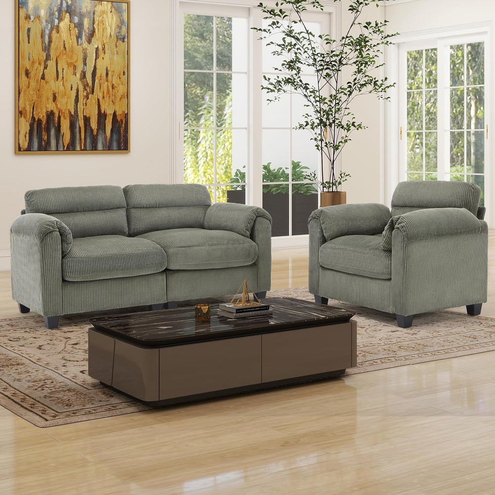 HAOMARKETS Corduroy Sofa Set, Upholstered Armchair and Loveseat with Plush Cu...