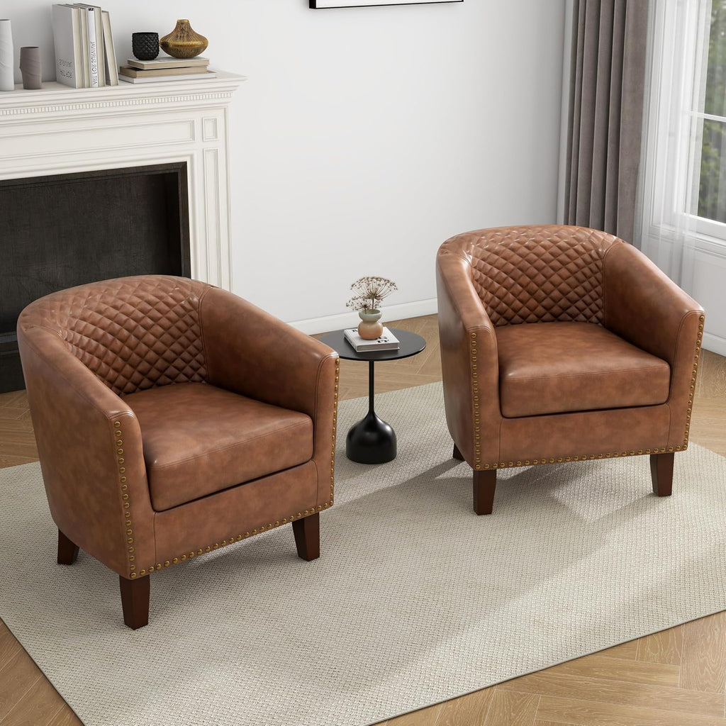 PU Leather Barrel Accent Chairs Set of 2, Modern Upholstered Armchair Round Club Chair for Living Room, Comfy Nailed Trim Arm Chair Bedroom Side Reading Seat - Brown