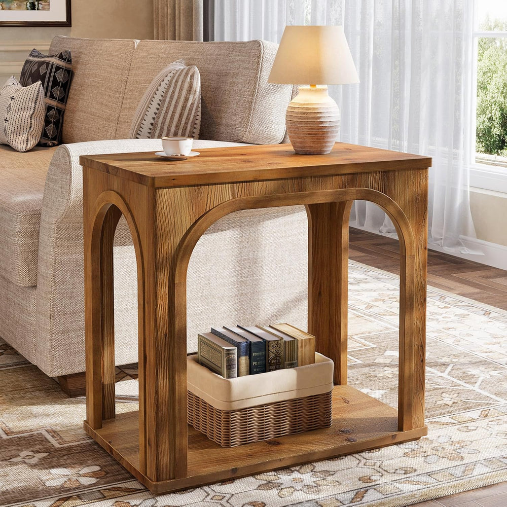 Tribesigns Arched Side Table, 2-Tier Farmhouse Solid Wood End Table with Bott...
