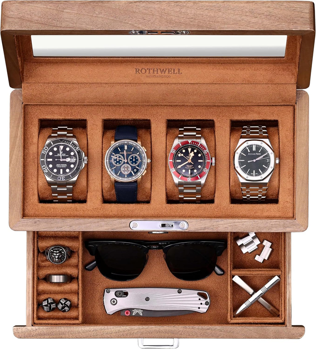 ROTHWELL 4-Slot Solid Walnut Watch Box with Valet Drawer - Premium Jewelry Display Case Organizer with Locking Glass Top and Microsuede Liner for Men & Women (Tan Interior)