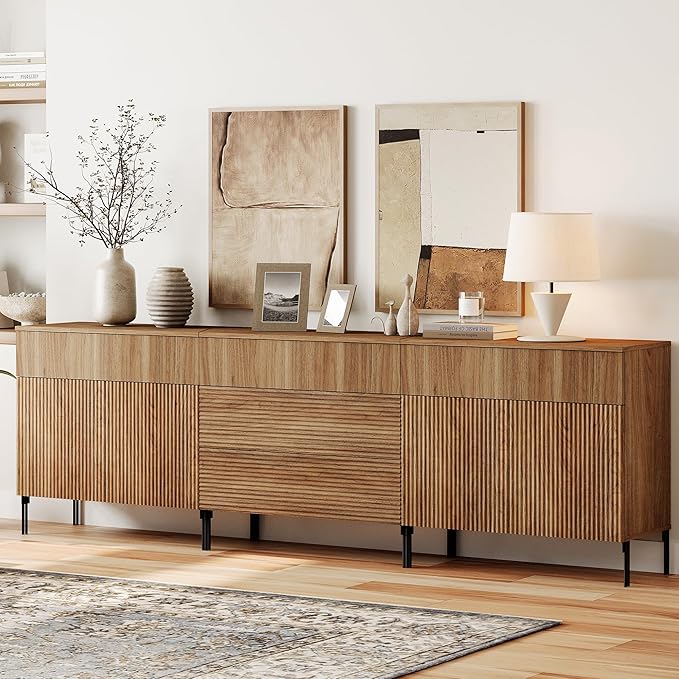WAMPAT Fluted TV Stand for TVs up to 100", 3 in 1 Modern Entertainment Center with Storage Cabinets and 5 Drawers & 4 Doors,Wood Media TV Console Table with Storage for Living Room, Light Walnut