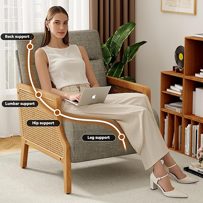 WENTMENT Modern Accent Chair, Armchair with Natural Rattan Armrest, Upholstered Living Room Chair Comfy Single Sofa Chair for Hosting Room/Bedroom, Grey