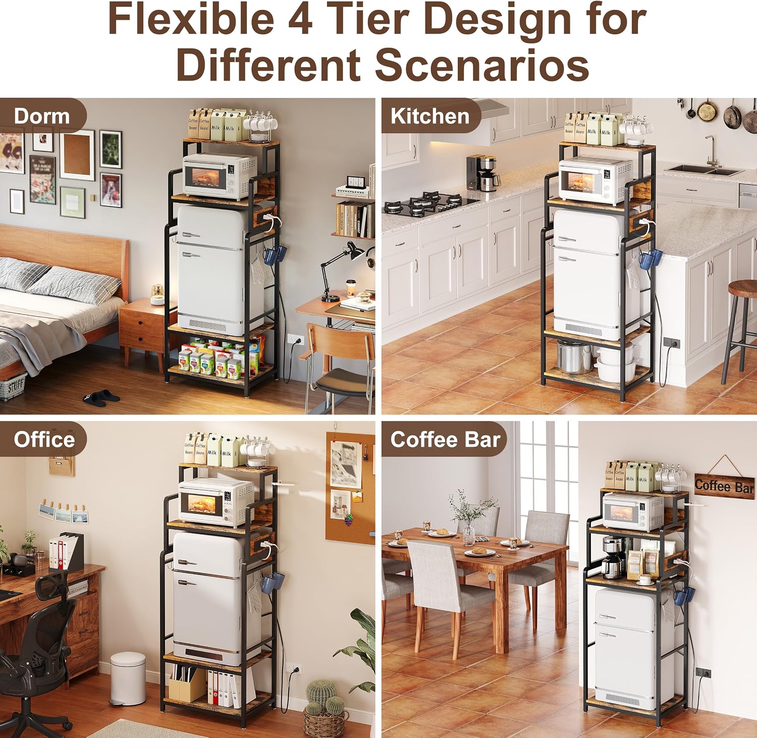 MAJALiS Mini Fridge Microwave Combo Stand Cabinet Shelf with Storage Space | Coffee Bar to go over Small Refrigerator with Power Outlet, Metal Bakers Rack Minifridge Organizer Station for Dorm, Office