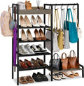 2-in-1 Shoe and Bag Organizer, 5 Tier Shoe Rack with Wooden Tray & 7 Hooks, Industrial Metal Shoe Shelf with Removable Shelves for Boot Storage, Perfect for Entryway, Closet, Garage, Black