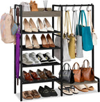 2-in-1 Shoe and Bag Organizer, 5 Tier Shoe Rack with Wooden Tray & 7 Hooks, Industrial Metal Shoe Shelf with Removable Shelves for Boot Storage, Perfect for Entryway, Closet, Garage, Black