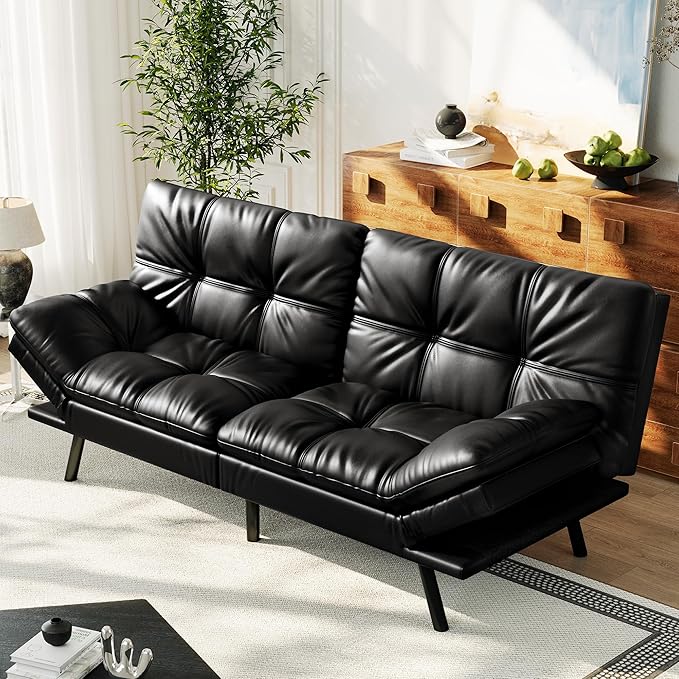 71" Convertible Futon Sofa Bed,Bright Black Faux Leather Futon Couch,Memory Foam Reclining Sleeper Sofa Bed,Modern Folding Small Loveseat Couches for Living Room,Office,Apartment