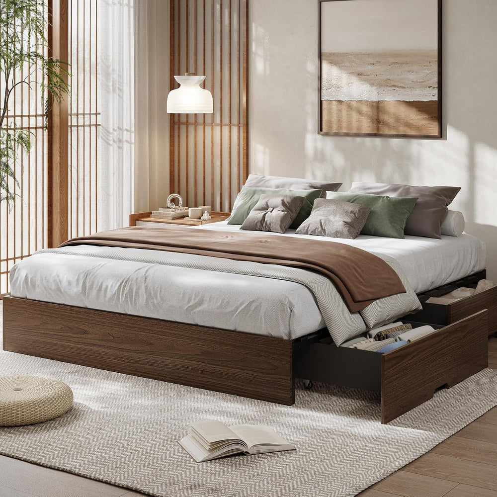 GarveeHome Wood Platform Bed Frame, Queen Bed Frame with 2 Drawers