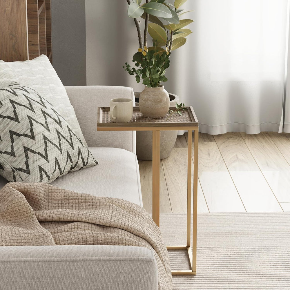 Farmhouse C Shaped End Table with Distressed Wood & Metal Woven Tray Top,...