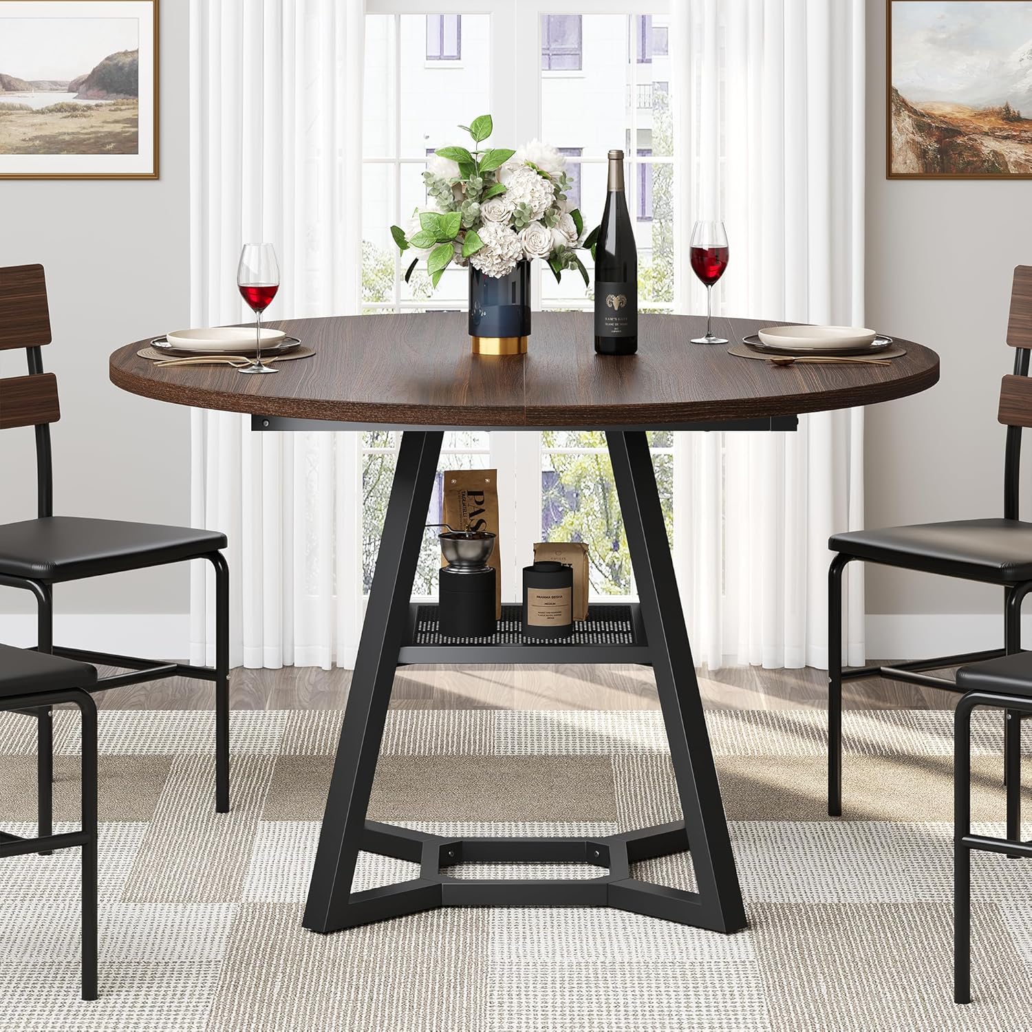 knoworld 43" Round Dining Table for 4, Kitchen Tables Dining Room Circle Dinner Table with Pedestal Metal Frame, Space Saving Wood Industrial Kitchen & Dining Room Tables, Walnut 43In