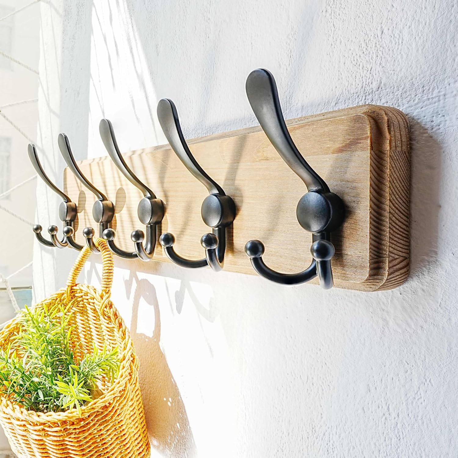Dseap Coat Rack Wall Mount - Heavy-Duty Robust Barnwood-Style Wooden Wall Coat Hanger Hook Rail with 5 Triple Hooks for Winter Coats Hat Jacket Clothing, Weathered Brown & Black