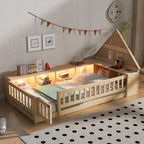 Twin Size Wood Floor Bed with Guardrail, House-Shaped Headboard and Cabinet (Natural)