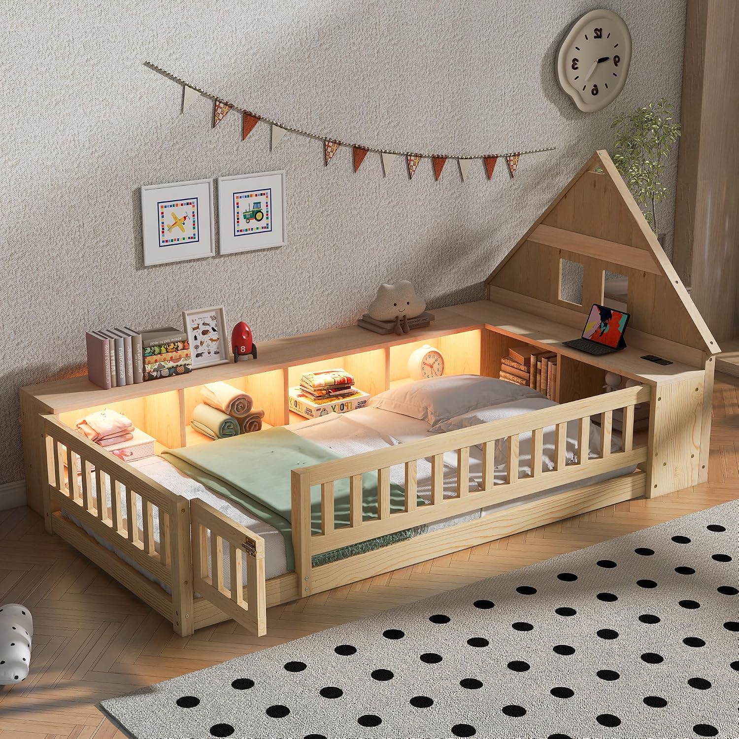 Twin Size Wood Floor Bed with Guardrail, House-Shaped Headboard and Cabinet (Natural)