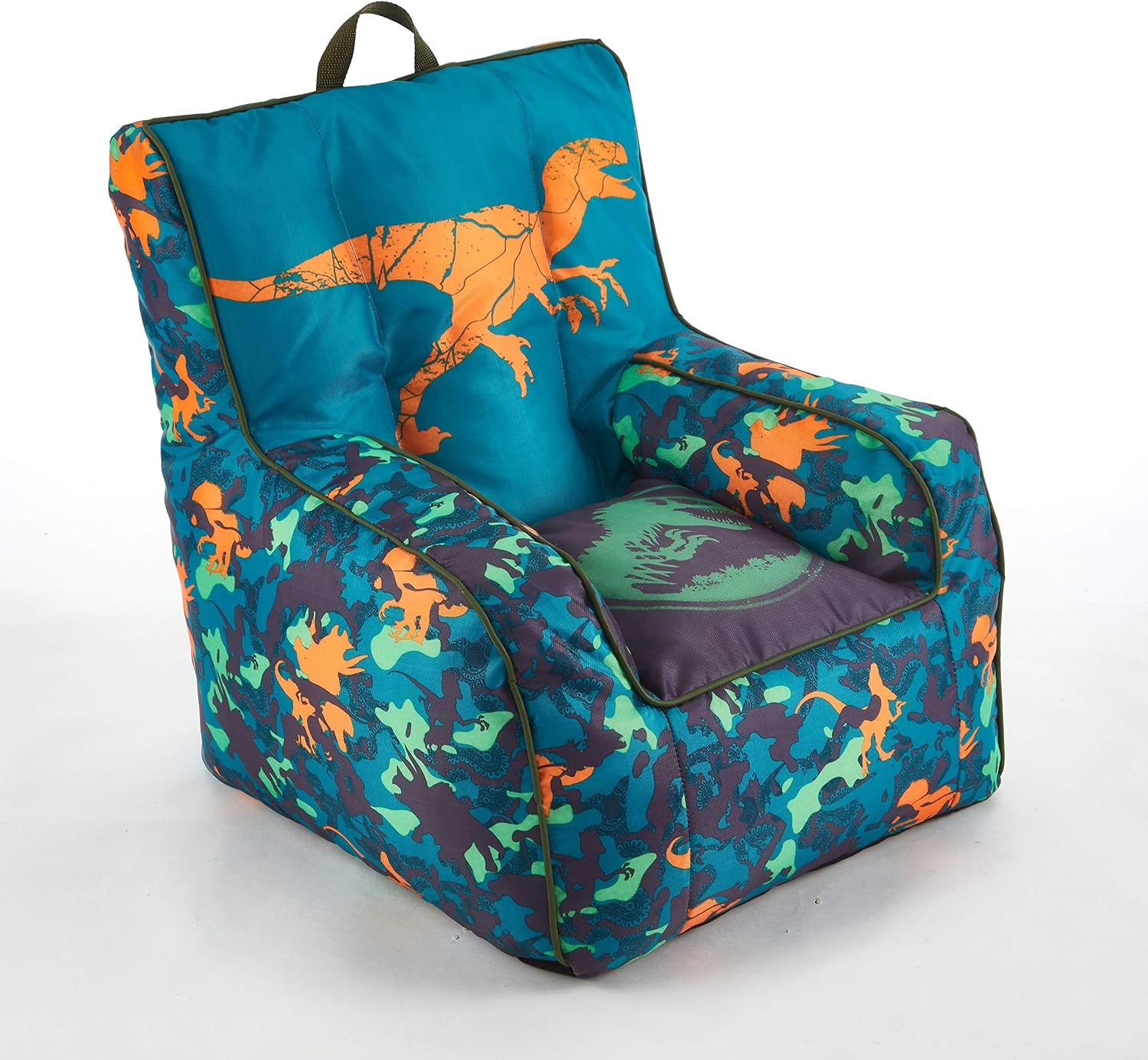 Idea Nuova Jurassic World Dinosaur Bean Bag Chair,Blue 18” x 18” Nylon Chair with Piping and Top Carry Handle, Lightweight & Portable Seating for Kids Room