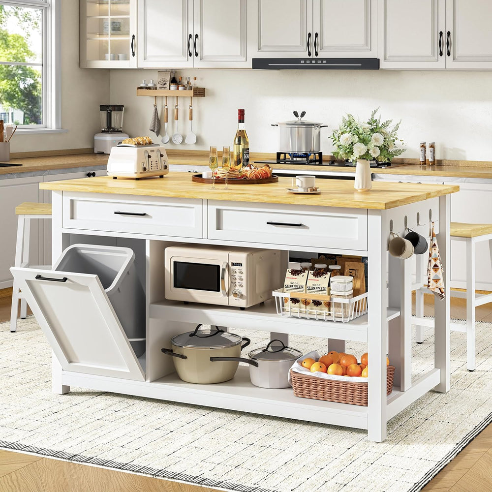 DynJest 47" Solid Rubberwood Top Kitchen Island with Storage, 2 Bar Stools