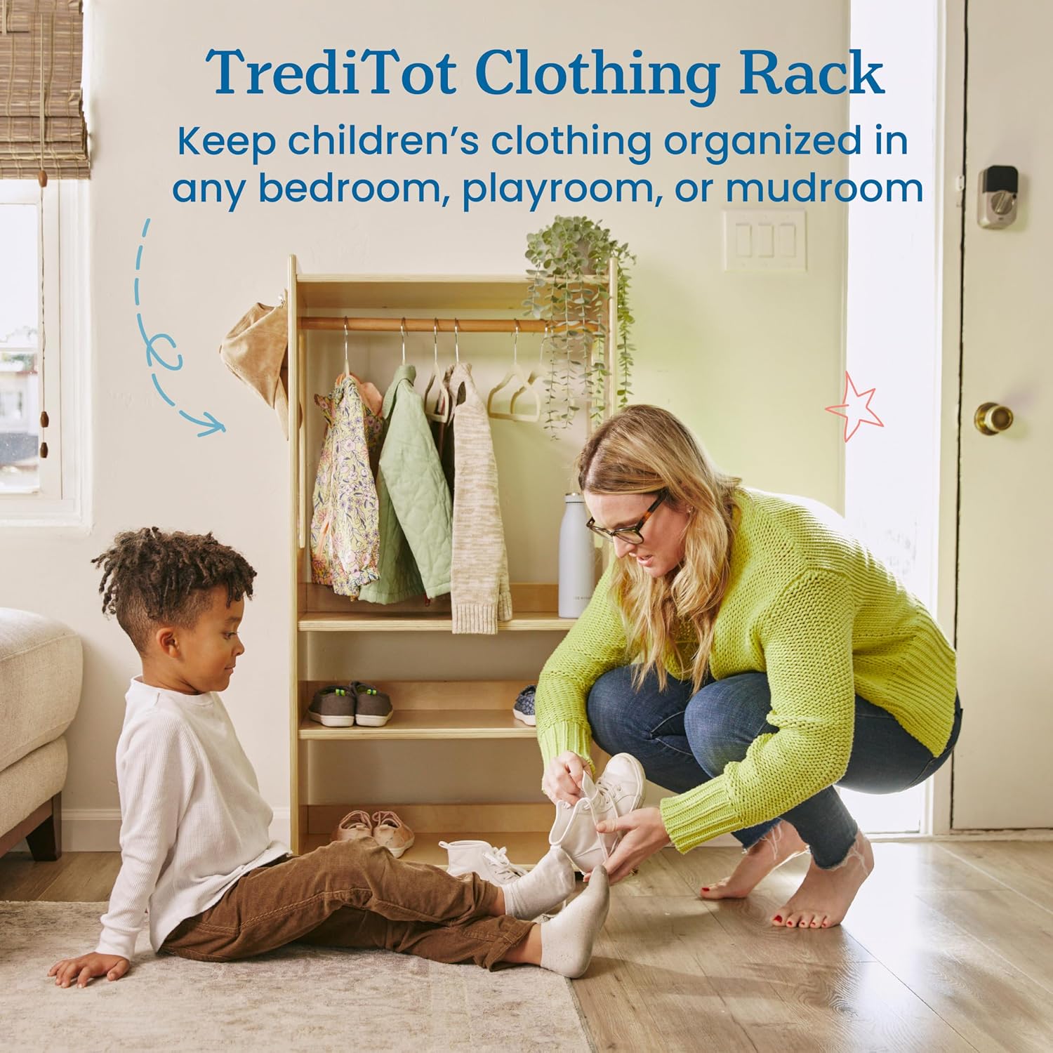 ECR4Kids TrendiTot Clothing Rack with Adjustable Shelves, Kids Wardrobe, Natural