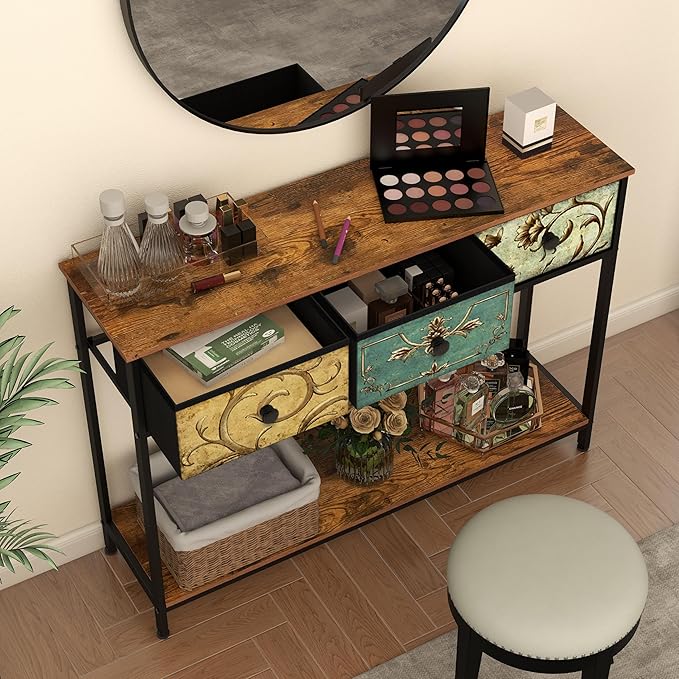 Tohomeor Entryway Console Table with 3 Retro Flowers Fabric Drawers Boho Narr...