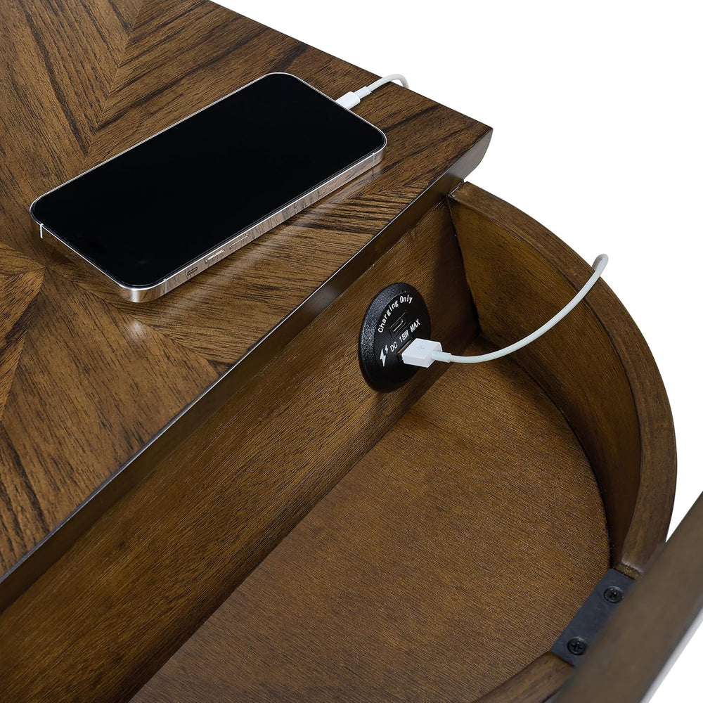 LAX Mid-Century Modern Wood Chairside End Table with USB Charging Station, Dr...