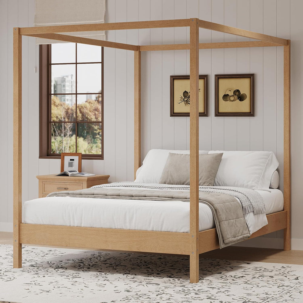 LUMISOL King Size Canopy Bed Frame, Solid Wood 4 Poster Canopy Platform Bed F...
