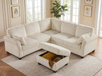 90.6" V-Shaped Sectional Sofa with Storage Ottoman, Corduroy Beige | Cloud Comfort, Couches for Living Room, 5-Seat, Comfy Deep Seat, 2 Throw Pillows, Bedroom, Apartment, Office
