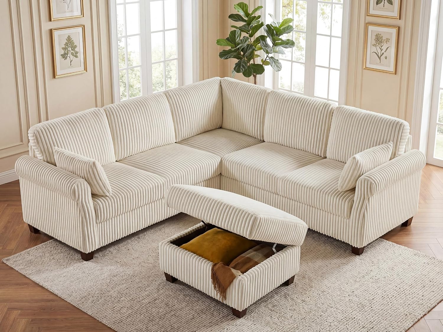 90.6" V-Shaped Sectional Sofa with Storage Ottoman, Corduroy Beige | Cloud Comfort, Couches for Living Room, 5-Seat, Comfy Deep Seat, 2 Throw Pillows, Bedroom, Apartment, Office