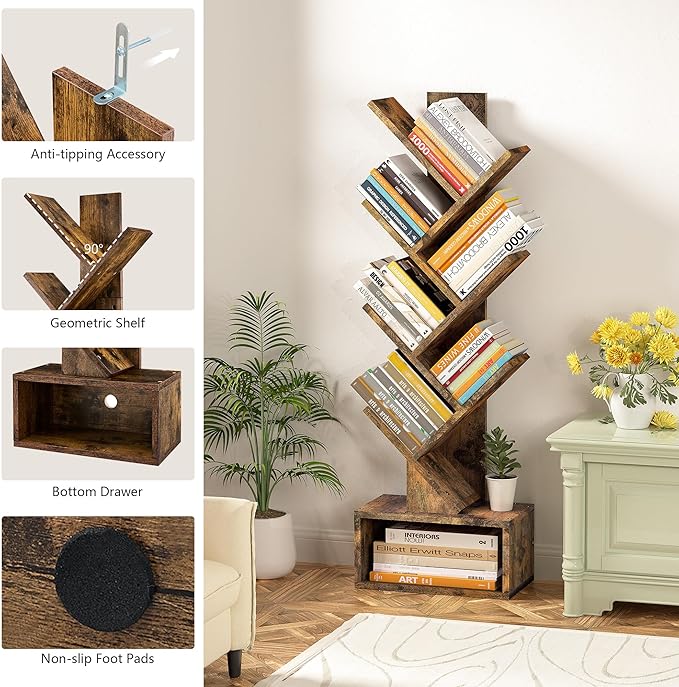 Hoctieon 6 Tier Tree Bookshelf, Tall Bookcase with Drawer, Freestanding Book Shelf, Display Floor Standing Storage Shelf, Book Organizer Shelves for Home Office, Rustic Brown