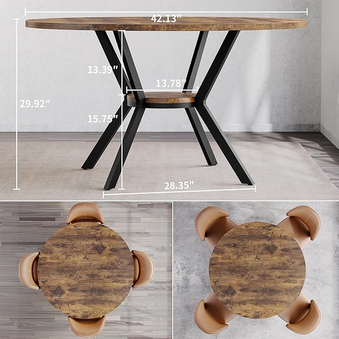 Round Dining Table for 4, 42 Inch Wood Kitchen & Dining Room Tables with Storage, Circle Breakfast Table with Metal Legs, Space Saving Dinner Table for Dining Room, Kitchen, Living Room, Rustic Brown