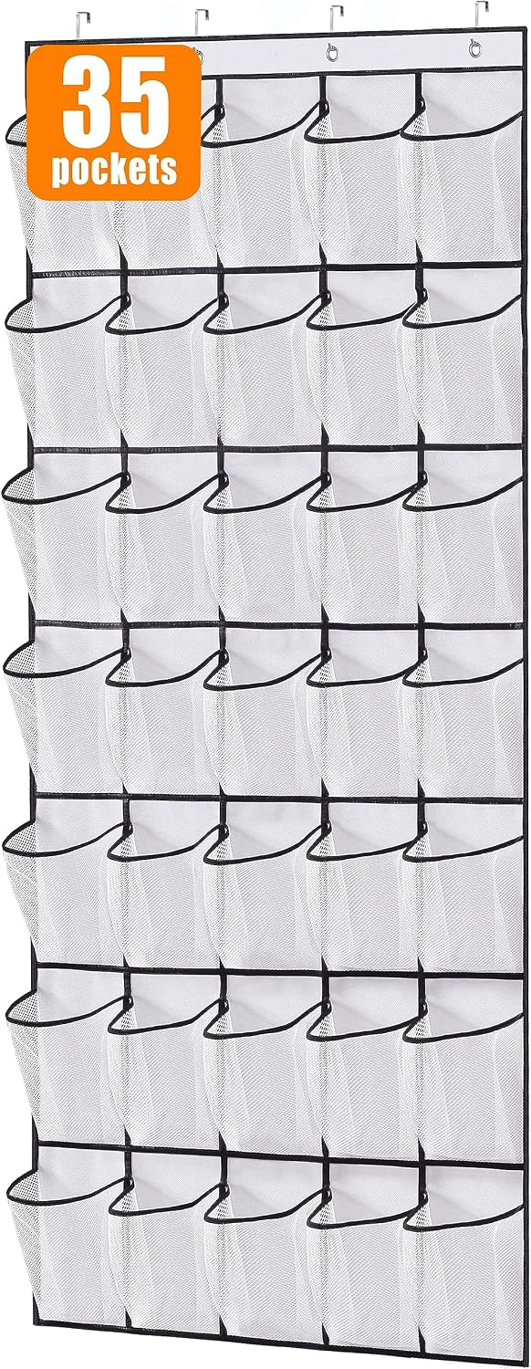 MISSLO 35 Large Pockets Over The Door Shoe Organizer Sturdy Oxford Fabric Hanging Shoe Rack for Door Mesh Closet Shoe Holder Hanger, White