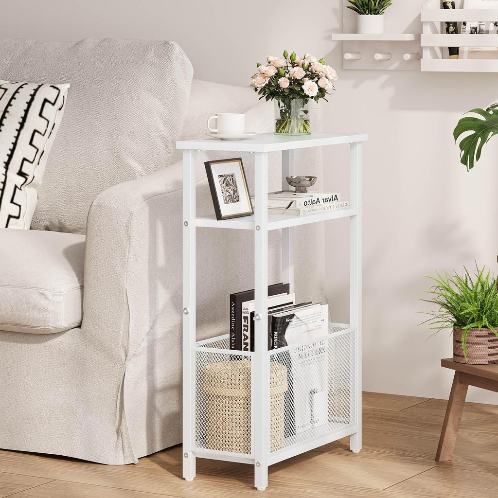 MMEOLUOOK Narrow Side Table with Storage Basket Skinny End Tables for Smalls Spaces 3 Tier Sofa Table Small Nightstand Slim Bedside Table for Living Room Bedroom White MLBZ22W
