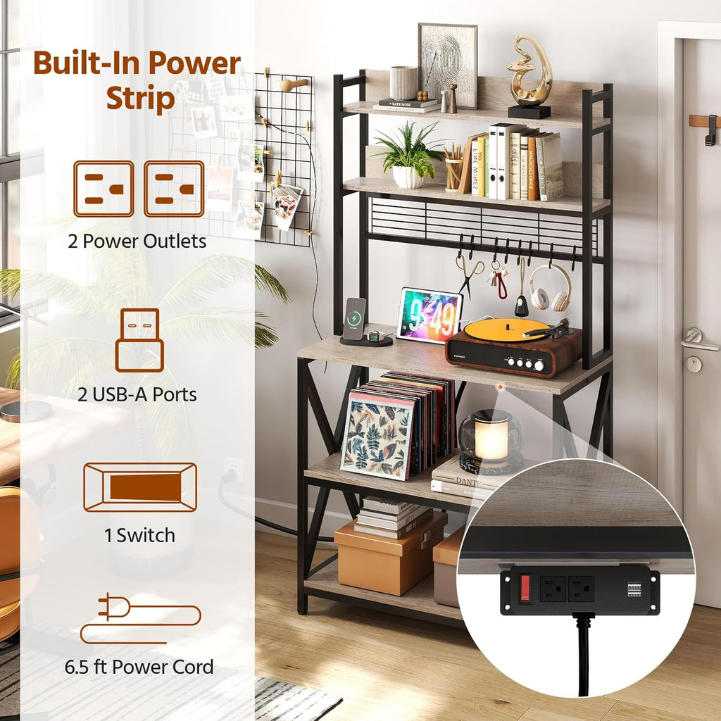 Yaheetech Kitchen Bakers Rack with Power Outlet & LED Lights, 5 Tiers Coffee Bar Table with 8 S Hooks, 64 Inches Tall Microwave Oven Stand with Storage for Spices, Pots, Gray