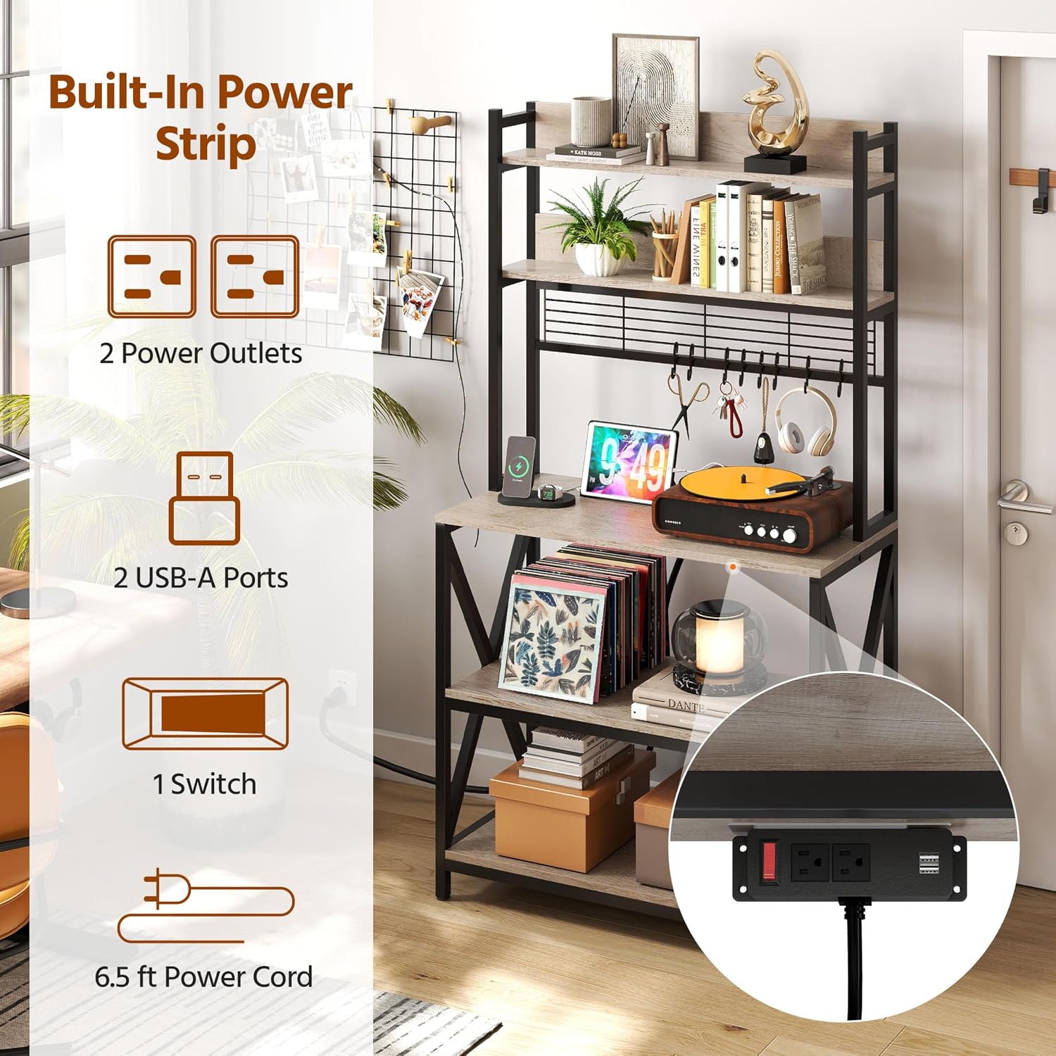 Yaheetech Kitchen Bakers Rack with Power Outlet & LED Lights, 5 Tiers Coffee Bar Table with 8 S Hooks, 64 Inches Tall Microwave Oven Stand with Storage for Spices, Pots, Gray