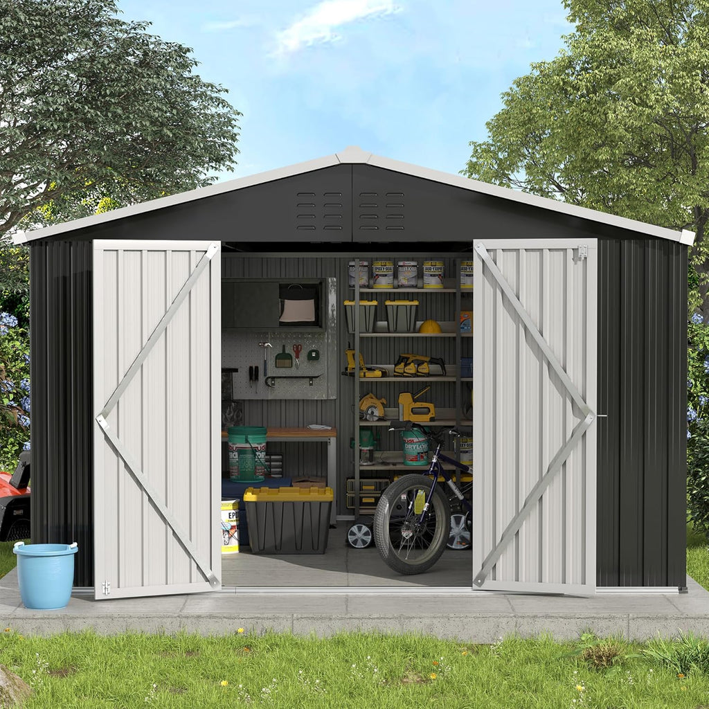 UDPATIO Outdoor Storage Shed 10x12 FT, Outdoor Storage Metal Galvanized Steel Yard, Patio, Lawn, Tool Shed with Lockable Door for Can, Bike, Lawnmower, Generator,Dark Grey
