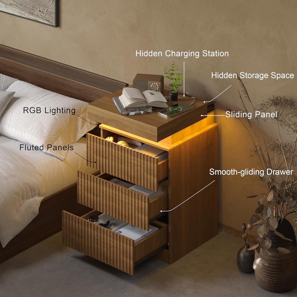 Nightstand Set of 2 for Bedroom, LED Nightstand with 3 Drawers and Charging S...