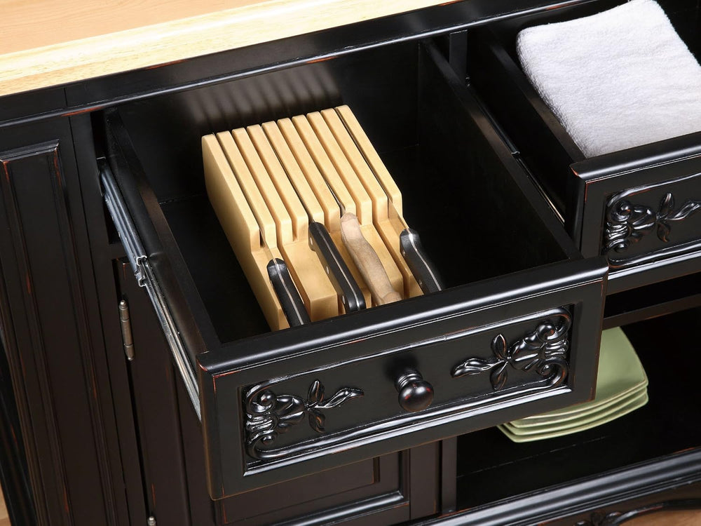Powell Linon Pennfield Kitchen Island Natural Top Ample Storage in Black Wood...