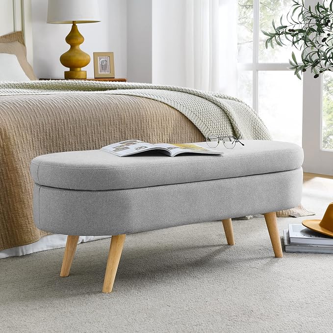 Ottoman Oval Storage Bench with Rubber Wood Legs,Linen Fabric Storage Footstool,for Bedroom, Entryway, Living Room, Grey(43.5"x16"x16")