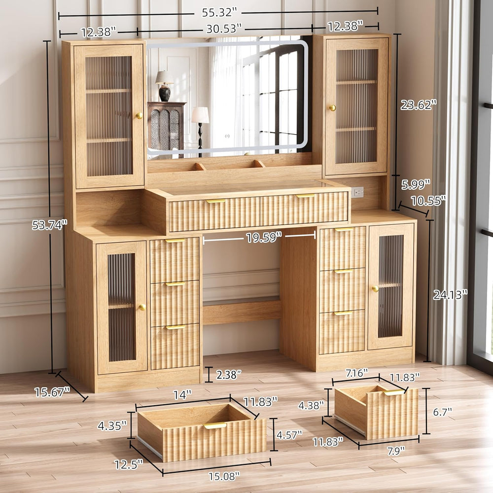 55" Vanity Desk with Mirror & Lights, Fluted Makeup Vanity with 8 Dr...